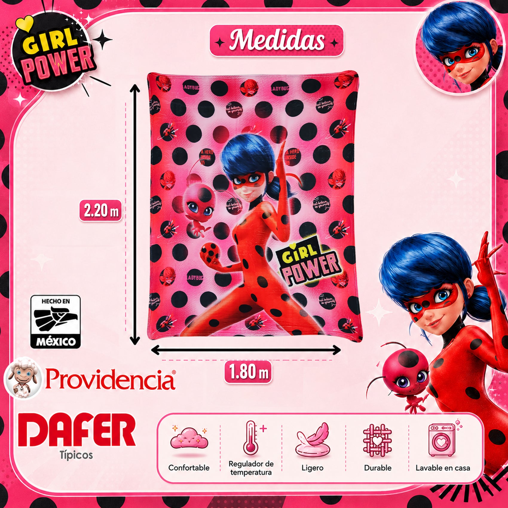 Cobertor Ligero Super Suave Matrimonial Diseños Providencia® Lady bug Girl Power