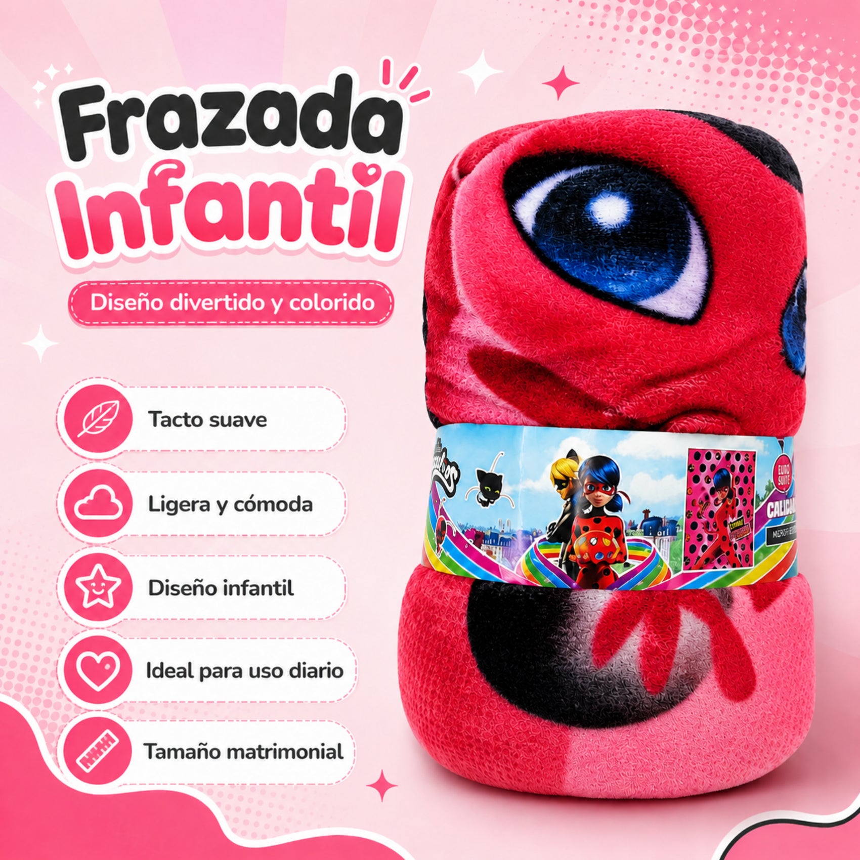 Cobertor Ligero Super Suave Matrimonial Diseños Providencia® Lady bug Girl Power